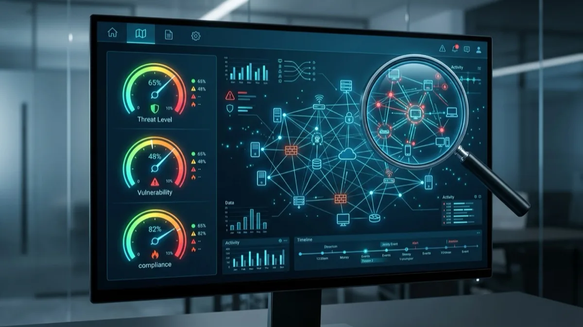 Security analyst reviewing dark web credential-leak alerts for a Canadian SMB on a monitoring dashboard